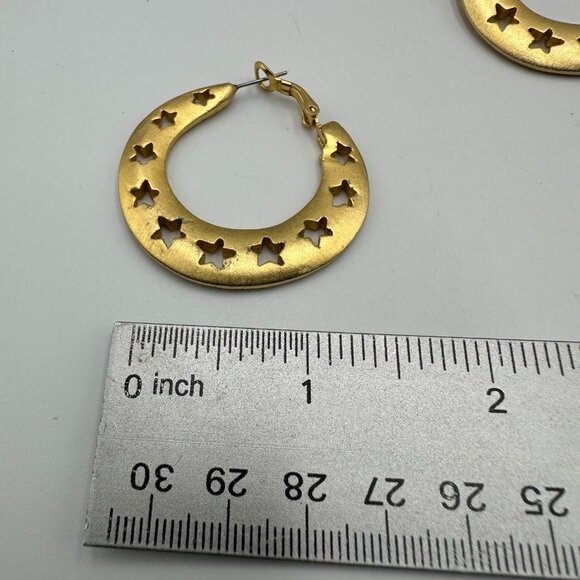 3/$30 Gold Tone Hoop Earrings Cutout Star Design Matte Finish Retro Statement - Picture 7 of 9